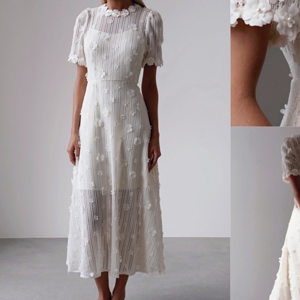 Floral white short sleeve bridal dress